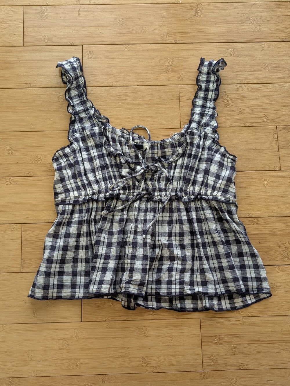 American Eagle Navy Plaid Ruched Babydoll Cotton Tank Top